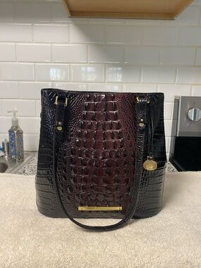 Brahmin Black and Wine Croc-Embossed Leather Tote